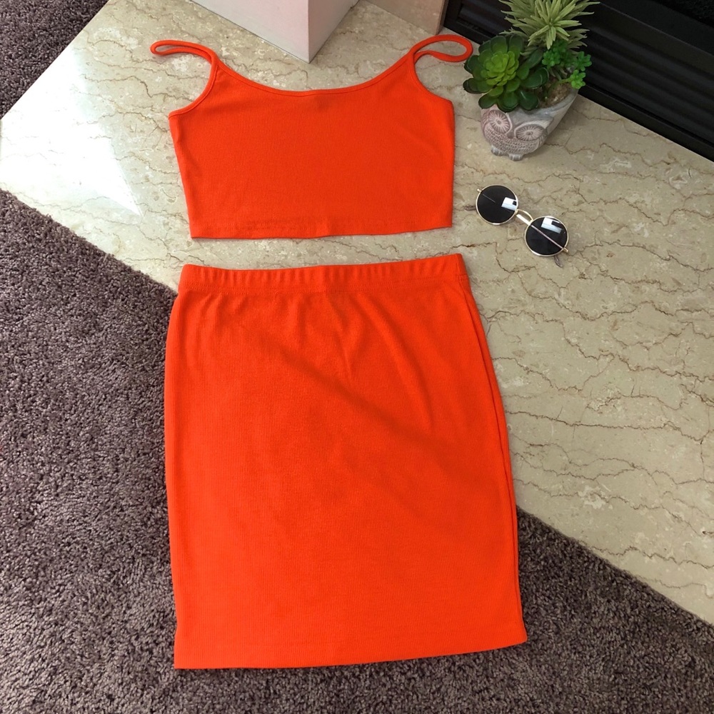 NWOT!!! Neon Orange Cropped Cami & Skirt Set